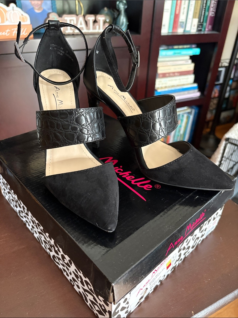 Anne Michelle Black Pointed Ankle-Strap Heels with Croc-Texture Band